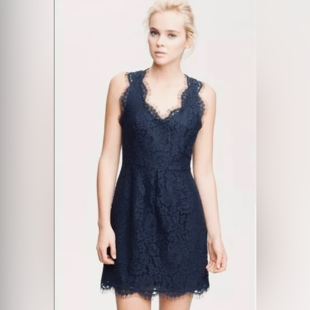 Joie Cowl Neck Mini Dress Sleeveless Lace Accents Side Zip Blue Size M - Picture 2 of 11